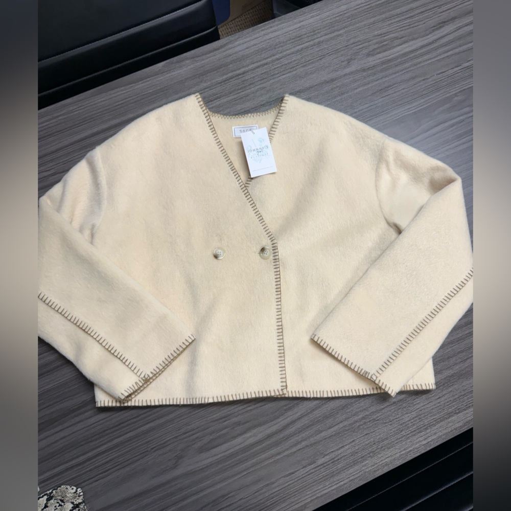Sage Cream Jacket with Contrast Whipstitch Trim